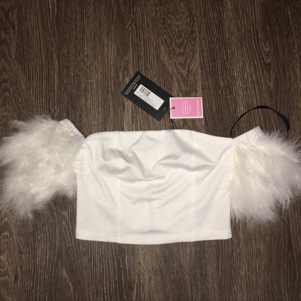 Prettylittlething White Feather Sleeve Crop